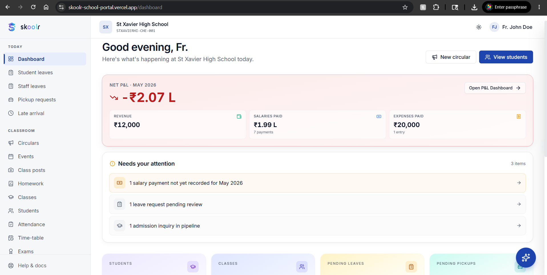 Skoolr school portal dashboard
